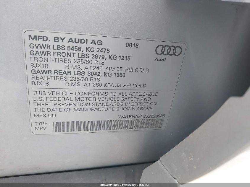 2018 Audi Q5 2.0T Premium/2.0T Tech Premium VIN: WA1BNAFY2J2228885 Lot: 43915602