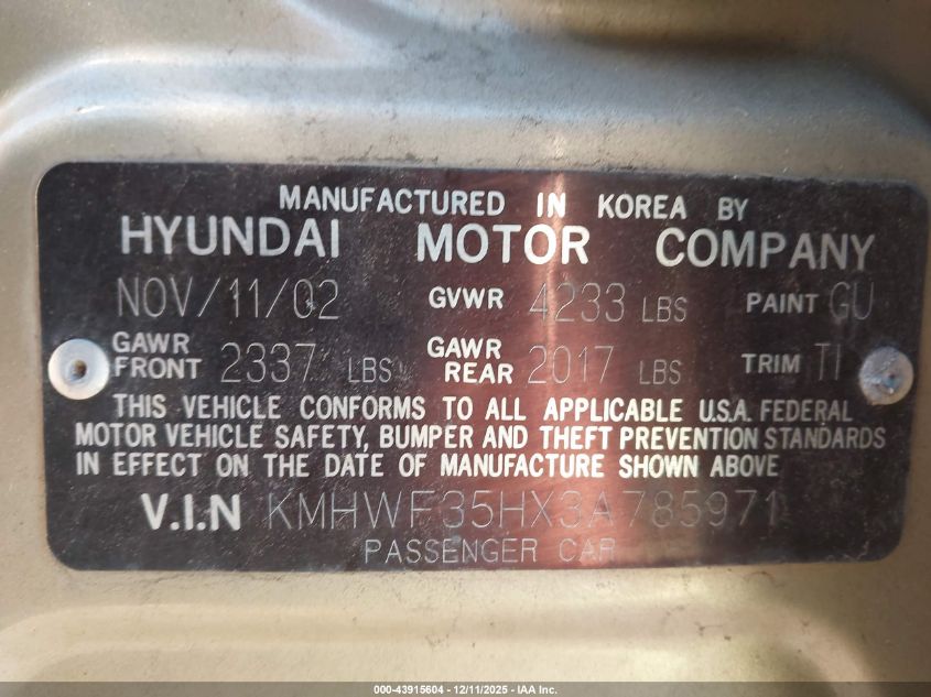 2003 Hyundai Sonata Gls/Lx VIN: KMHWF35HX3A785971 Lot: 43915604