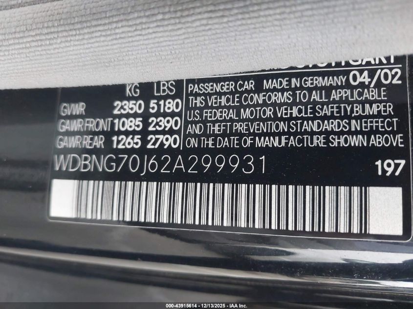 2002 Mercedes-Benz S 430 VIN: WDBNG70J62A299931 Lot: 43915614