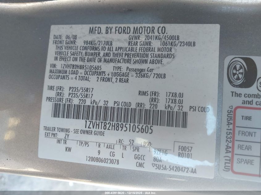 2009 Ford Mustang Gt/Gt Premium VIN: 1ZVHT82H895105605 Lot: 43915620