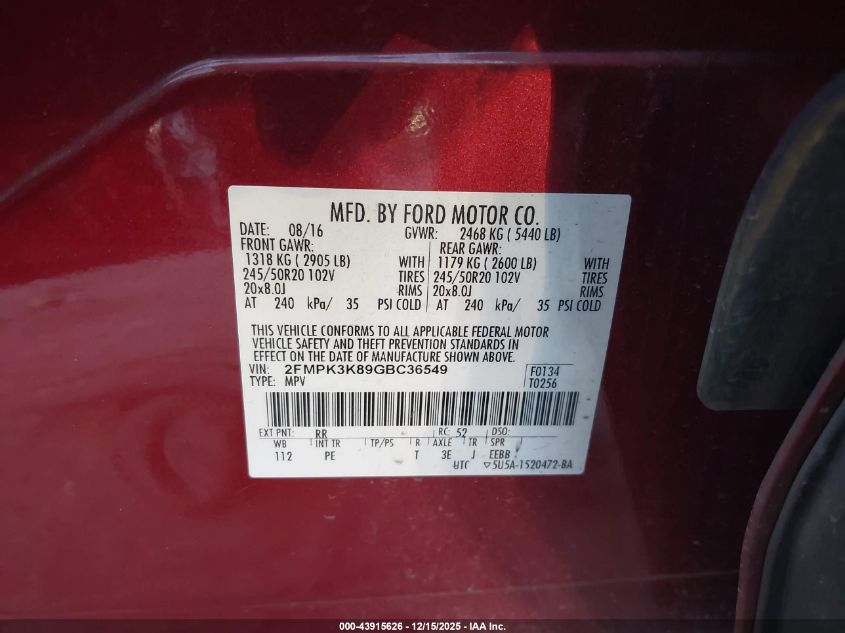 2016 Ford Edge Titanium VIN: 2FMPK3K89GBC36549 Lot: 43915626