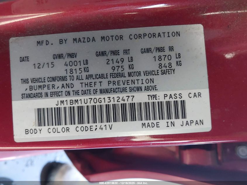 2016 Mazda Mazda3 I Sport VIN: JM1BM1U70G1312477 Lot: 43915630