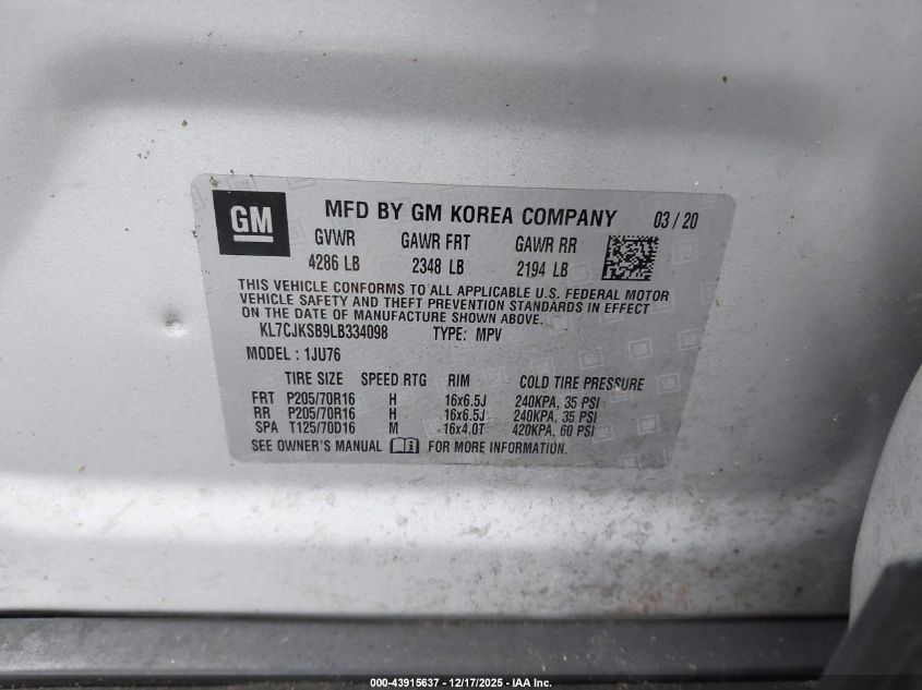 2020 Chevrolet Trax Fwd Ls VIN: KL7CJKSB9LB334098 Lot: 43915637