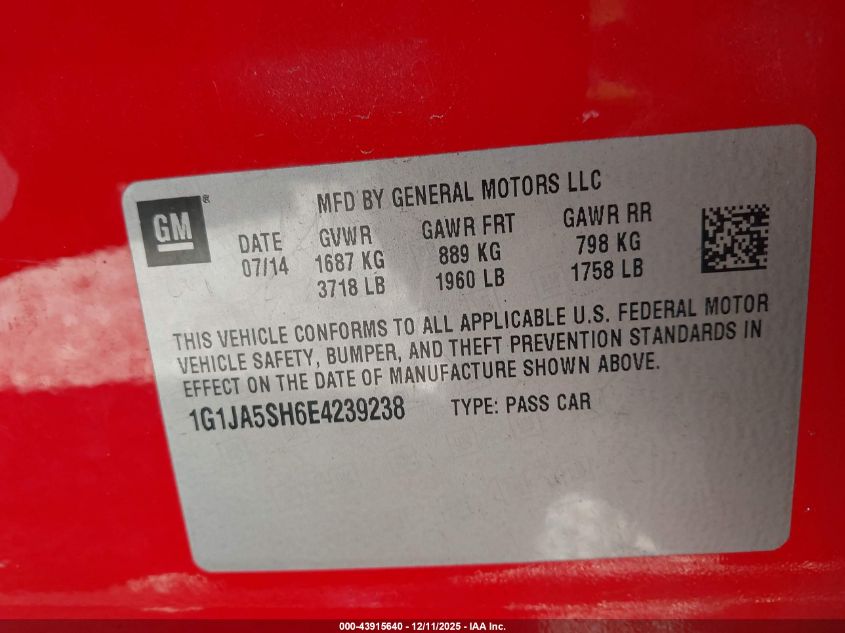 2014 Chevrolet Sonic Ls Auto VIN: 1G1JA5SH6E4239238 Lot: 43915640