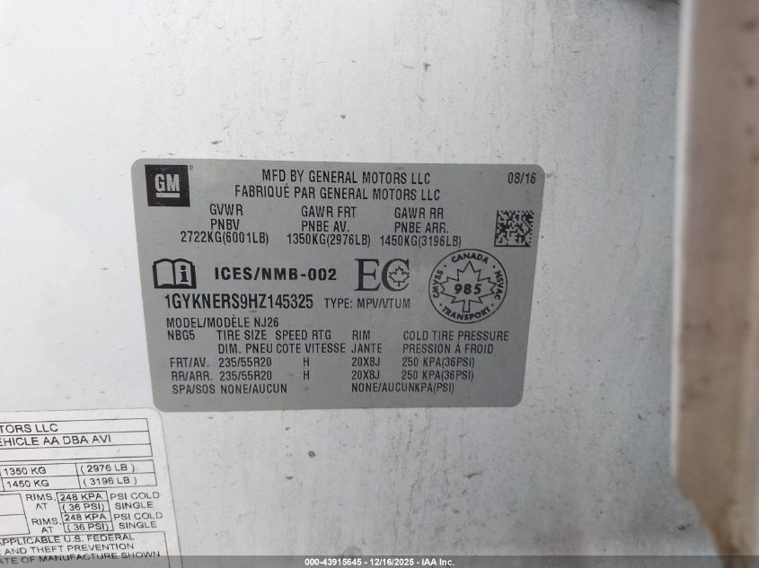 2017 Cadillac Xt5 Premium Luxury VIN: 1GYKNERS9HZ145325 Lot: 43915645