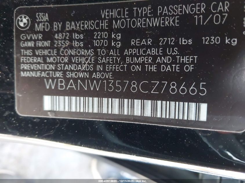 2008 BMW 535I VIN: WBANW13578CZ78665 Lot: 43915655