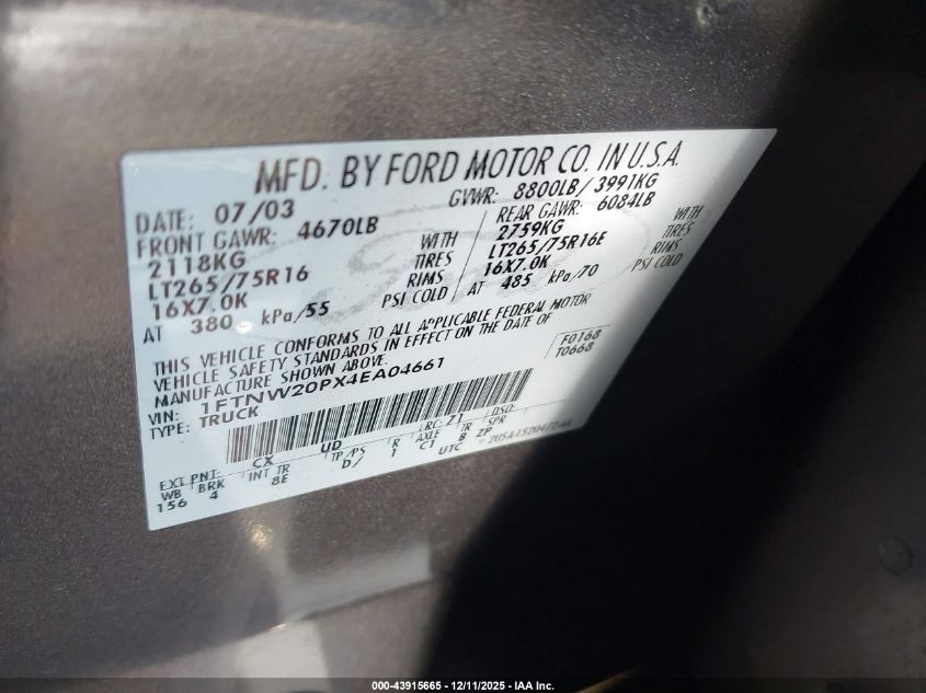 2004 Ford F-250 Lariat/Xl/Xlt VIN: 1FTNW20PX4EA04661 Lot: 43915665