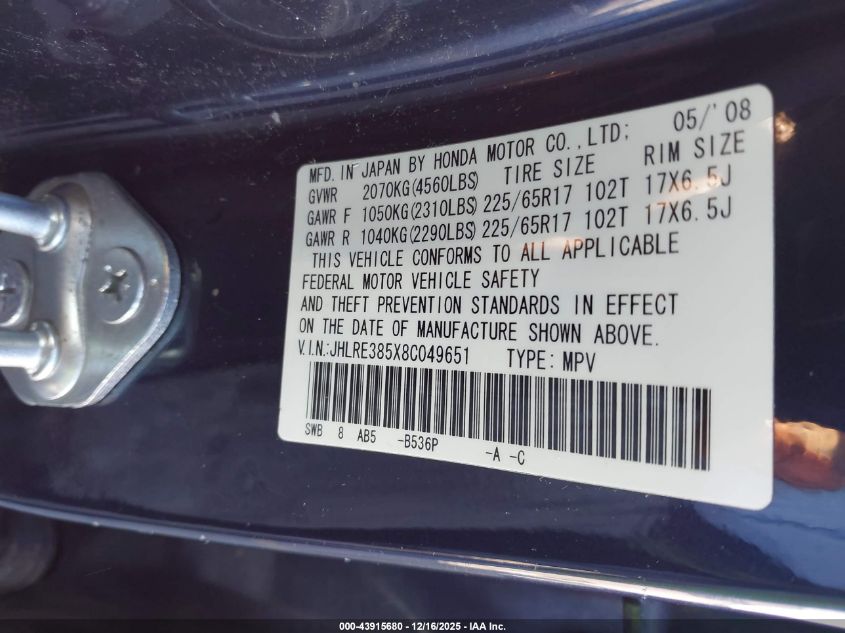 2008 Honda Cr-V Ex VIN: JHLRE385X8C049651 Lot: 43915680