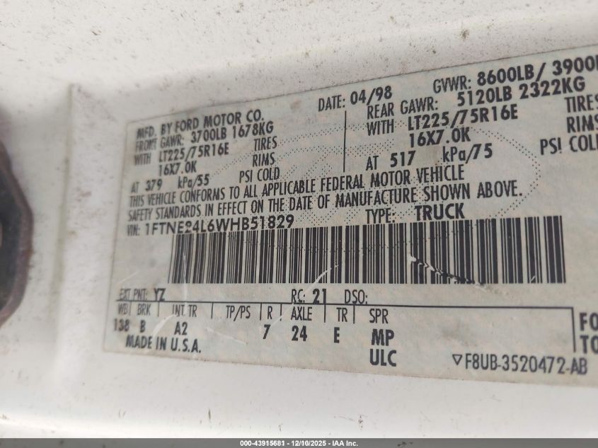 1998 Ford E-250 Commercial/Recreational VIN: 1FTNE24L6WHB51829 Lot: 43915681