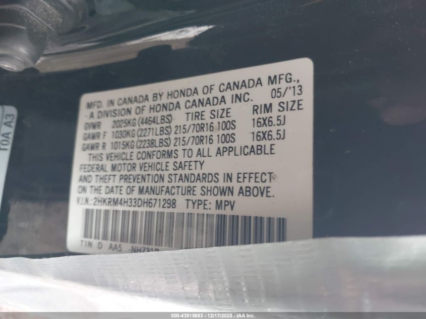 2013 Honda Cr-V Lx VIN: 2HKRM4H33DH671298 Lot: 43915683