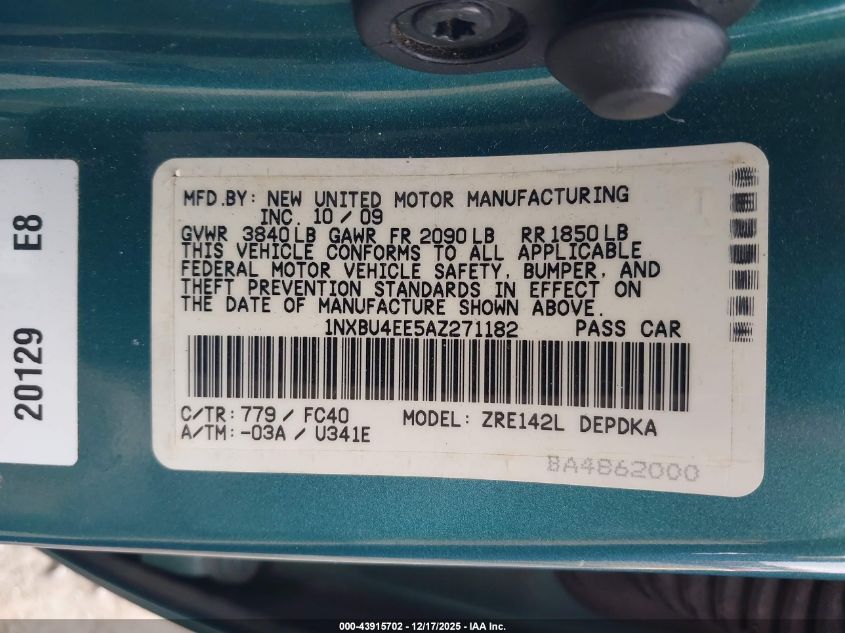 2010 Toyota Corolla Le VIN: 1NXBU4EE5AZ271182 Lot: 43915702