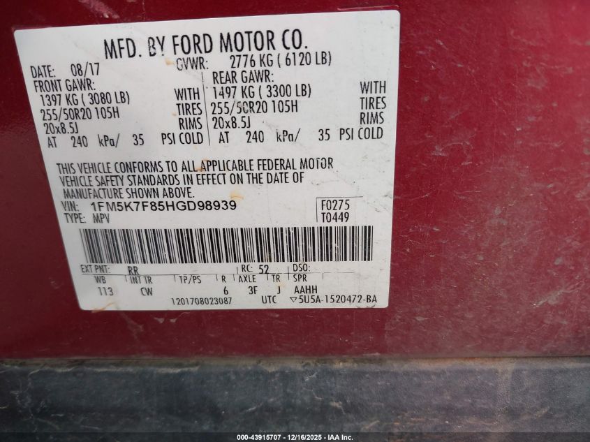 2017 Ford Explorer Limited VIN: 1FM5K7F85HGD98939 Lot: 43915707