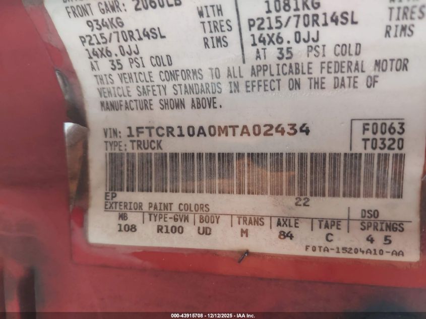 1991 Ford Ranger VIN: 1FTCR10A0MTA02434 Lot: 43915708