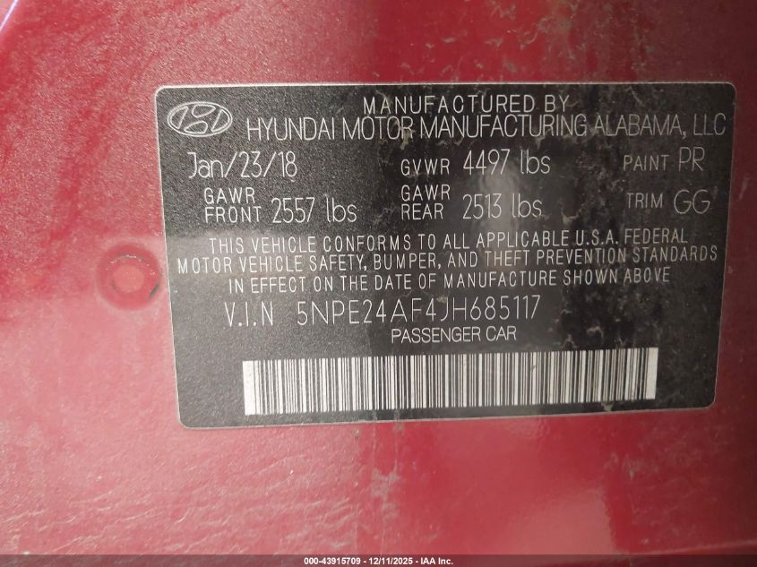 2018 Hyundai Sonata Se VIN: 5NPE24AF4JH685117 Lot: 43915709