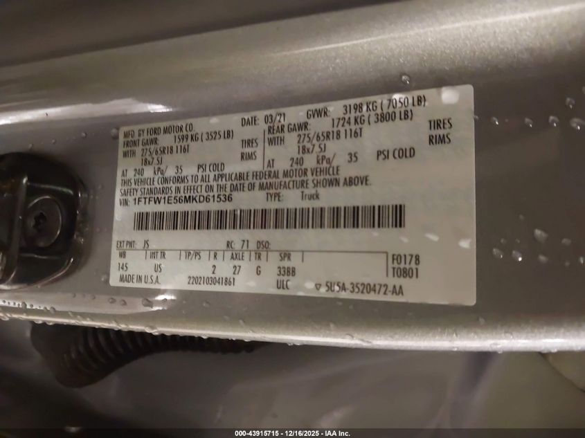 2021 Ford F-150 Xlt VIN: 1FTFW1E56MKD61536 Lot: 43915715