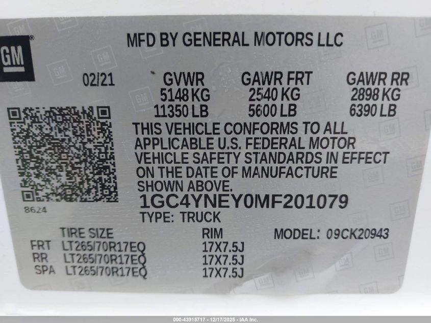 2021 Chevrolet Silverado 2500Hd 4Wd Long Bed Lt VIN: 1GC4YNEY0MF201079 Lot: 43915717