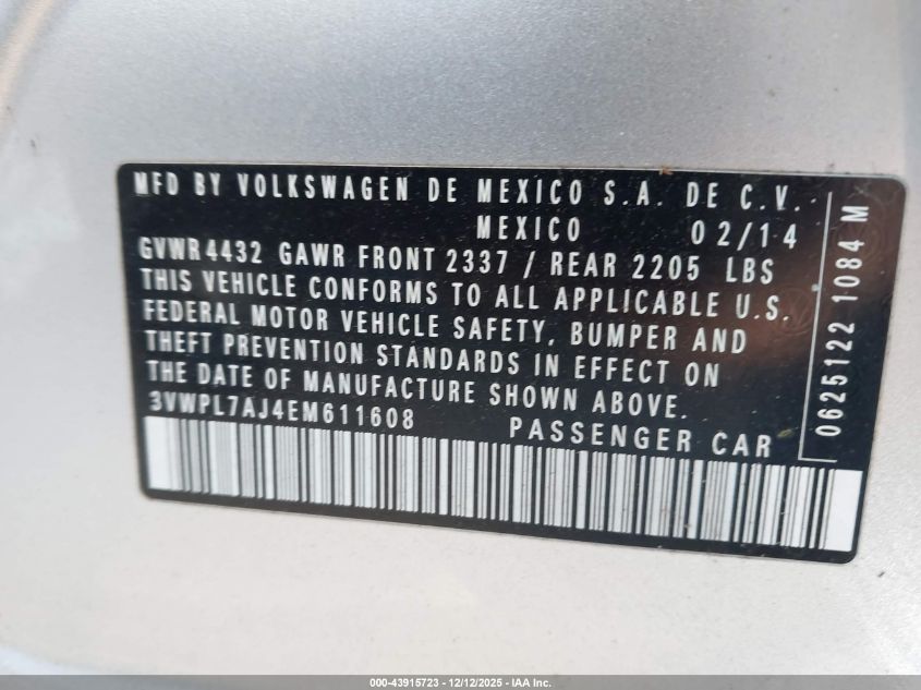 2014 Volkswagen Jetta Sportwagen 2.0L Tdi VIN: 3VWPL7AJ4EM611608 Lot: 43915723