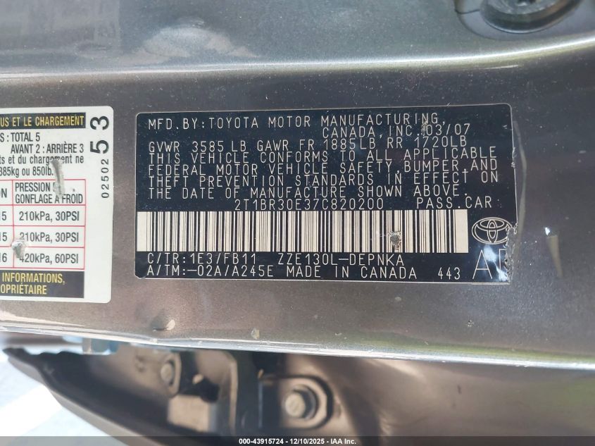 2007 Toyota Corolla Le VIN: 2T1BR30E37C820200 Lot: 43915724