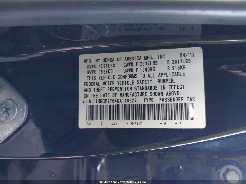 2012 Honda Accord 2.4 Se VIN: 1HGCP2F64CA149527 Lot: 43915743
