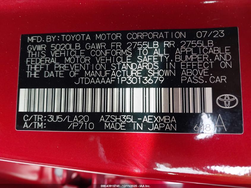 2023 Toyota Crown Limited VIN: JTDAAAAF1P3013679 Lot: 43915745