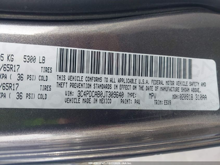 2018 Dodge Journey Se VIN: 3C4PDCAB0JT309640 Lot: 43915747