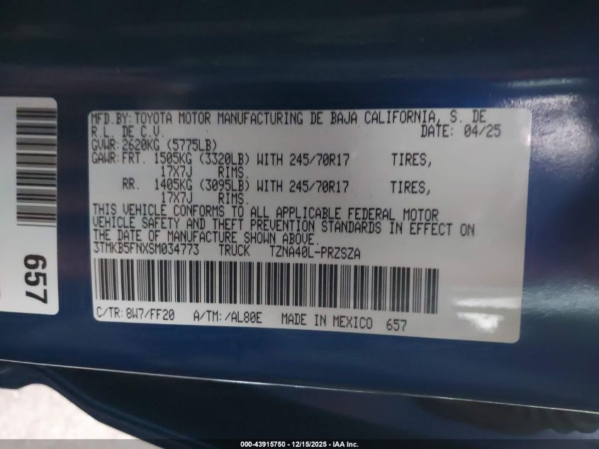 2025 Toyota Tacoma Sr5 VIN: 3TMKB5FNXSM034773 Lot: 43915750