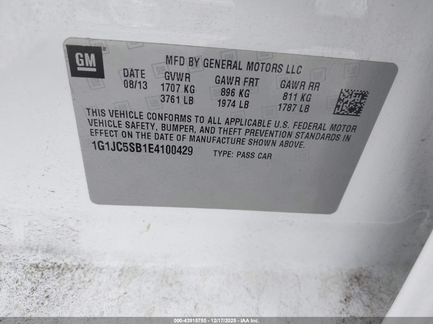 2014 Chevrolet Sonic Lt Auto VIN: 1G1JC5SB1E4100429 Lot: 43915755