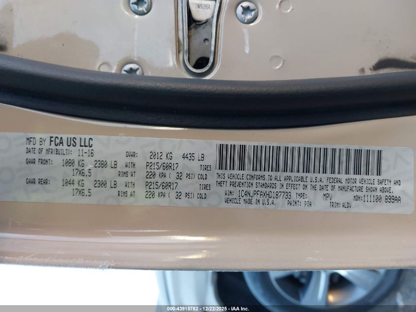 2017 Jeep Patriot High Altitude Fwd VIN: 1C4NJPFAXHD187733 Lot: 43915782