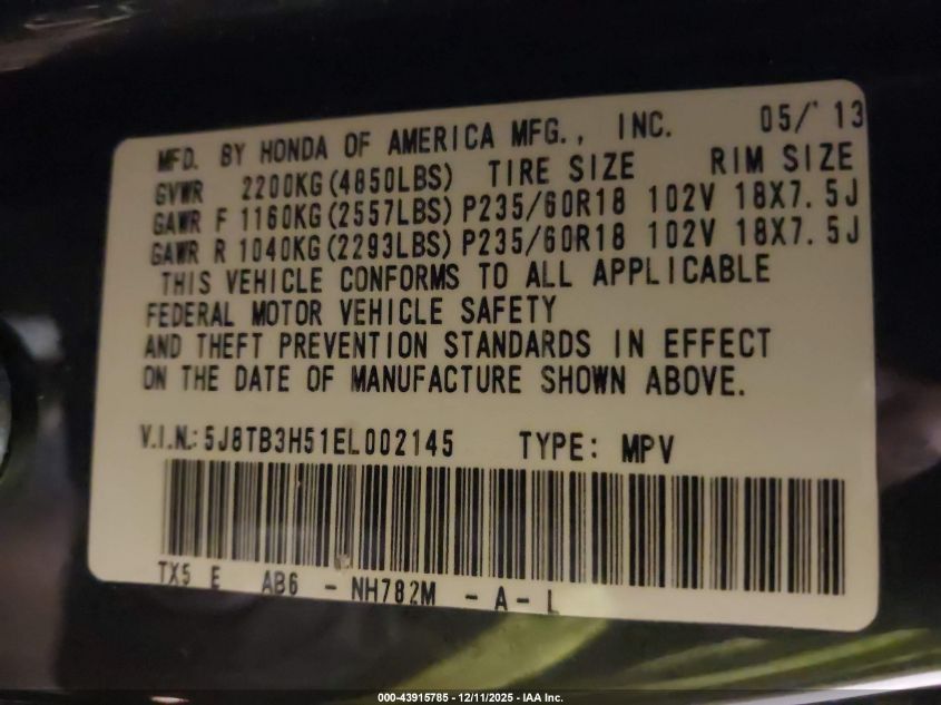 2014 Acura Rdx VIN: 5J8TB3H51EL002145 Lot: 43915785