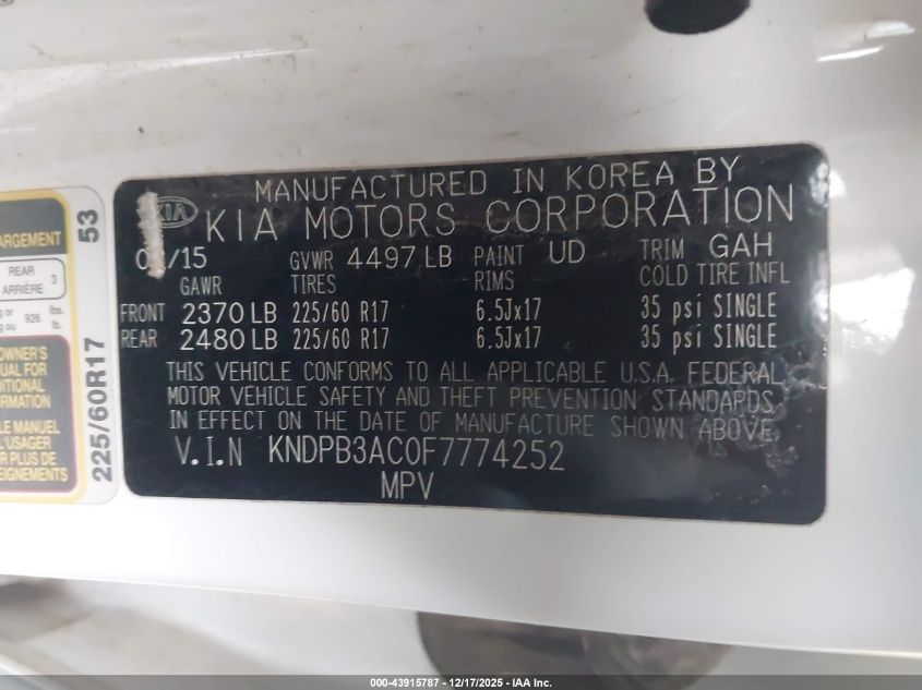 2015 Kia Sportage Lx VIN: KNDPB3AC0F7774252 Lot: 43915787