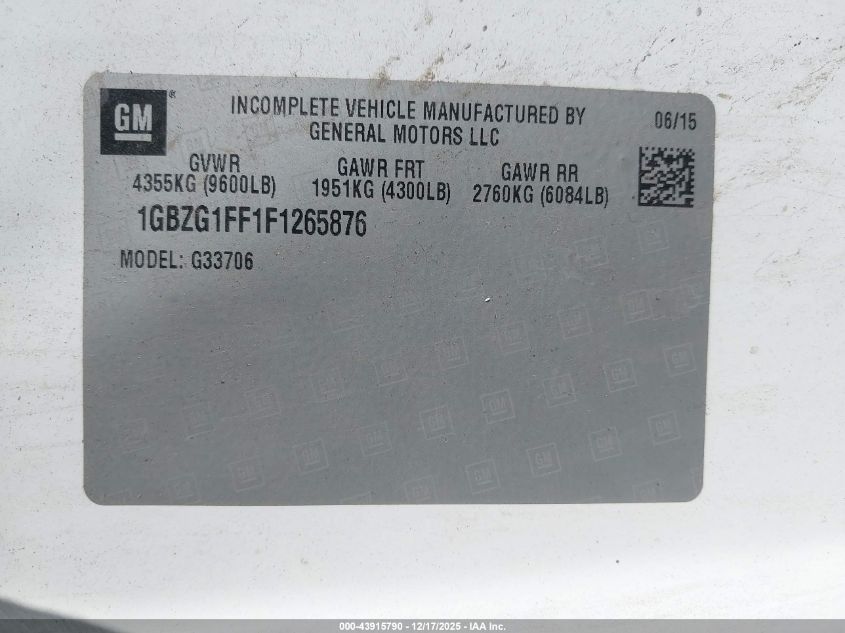 2015 Chevrolet Express 3500 Lt VIN: 1GBZG1FF1F1265876 Lot: 43915790