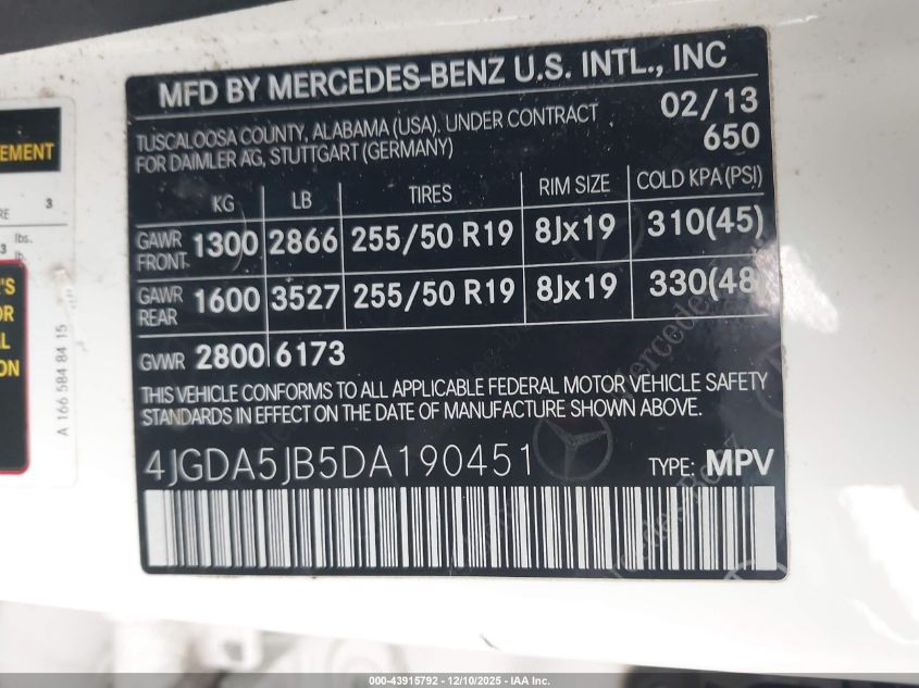 2013 Mercedes-Benz Ml 350 VIN: 4JGDA5JB5DA190451 Lot: 43915792