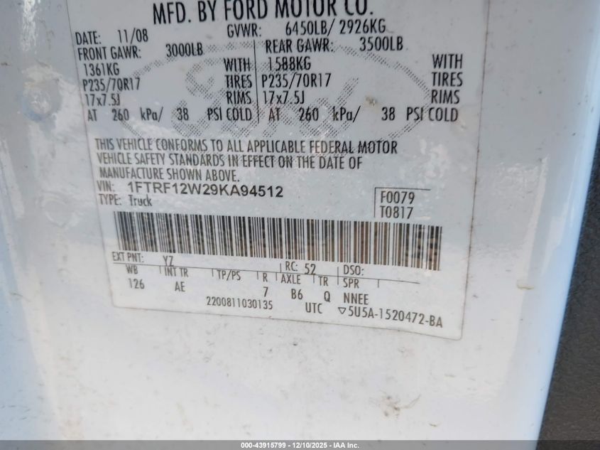 2009 Ford F-150 Stx/Xl/Xlt VIN: 1FTRF12W29KA94512 Lot: 43915799