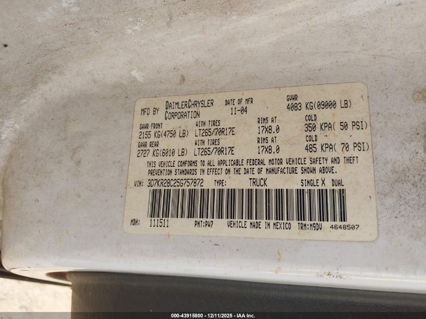 2005 Dodge Ram 2500 Slt/Laramie VIN: 3D7KR28C25G757872 Lot: 43915800