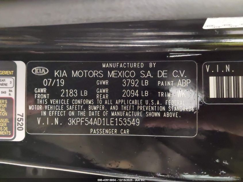 2020 Kia Forte Ex VIN: 3KPF54AD1LE153549 Lot: 43915804