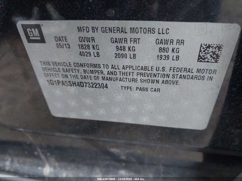 2013 Chevrolet Cruze Ls Auto VIN: 1G1PA5SH4D7322304 Lot: 43915806