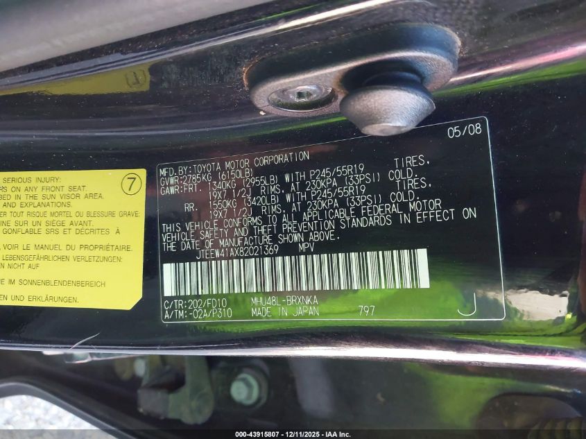 2008 Toyota Highlander Hybrid VIN: JTEEW41AX82021369 Lot: 43915807