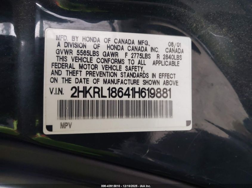 2001 Honda Odyssey Ex VIN: 2HKRL18641H619881 Lot: 43915810