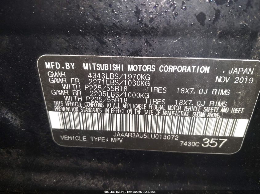 2020 Mitsubishi Outlander Sport 2.0 Es Awc VIN: JA4AR3AU5LU013072 Lot: 43915831