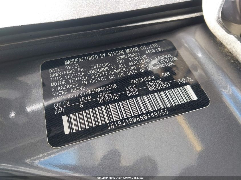 2022 Nissan Rogue Sport Sv VIN: JN1BJ1BW6NW489556 Lot: 43915835