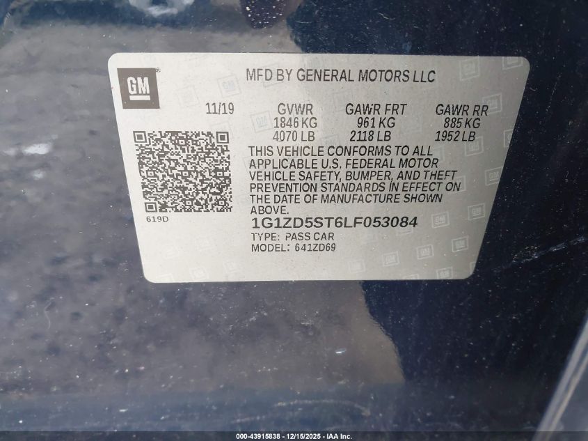 2020 Chevrolet Malibu Fwd Lt VIN: 1G1ZD5ST6LF053084 Lot: 43915838