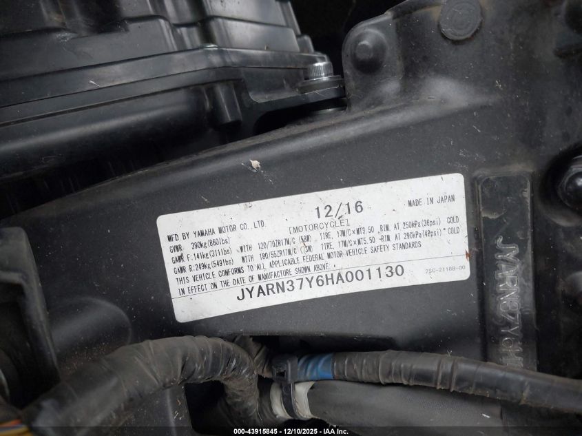 2017 Yamaha Fj09 C VIN: JYARN37Y6HA001130 Lot: 43915845