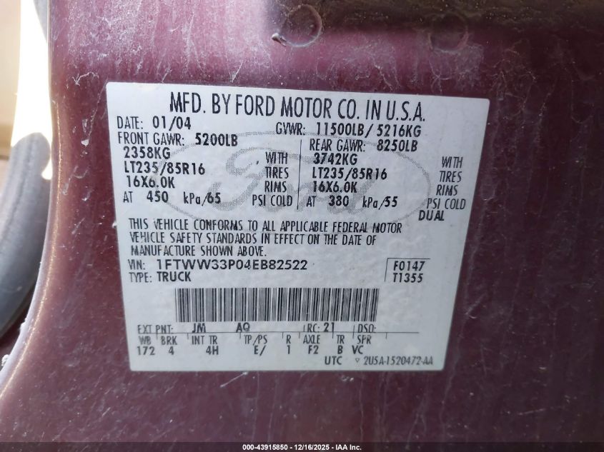 2004 Ford F-350 Lariat/Xl/Xlt VIN: 1FTWW33P04EB82522 Lot: 43915850