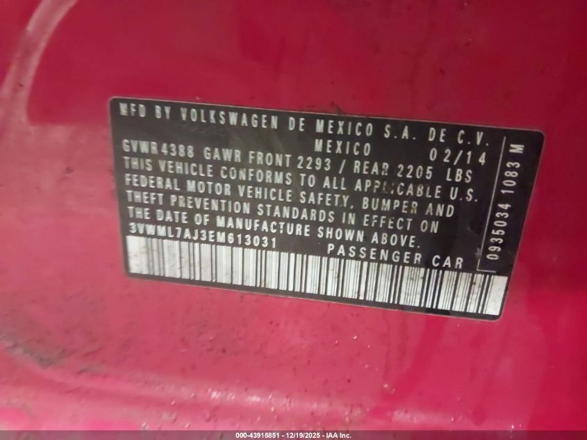 2014 Volkswagen Jetta Sportwagen 2.0L Tdi VIN: 3VWML7AJ3EM613031 Lot: 43915851