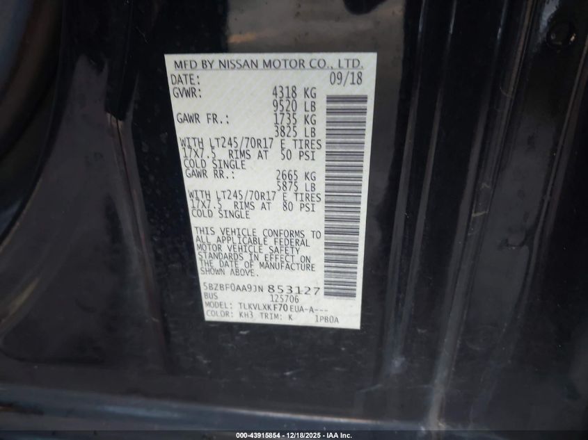 2018 Nissan Nv Passenger Nv3500 Hd Sv V6 VIN: 5BZBF0AA9JN853127 Lot: 43915854