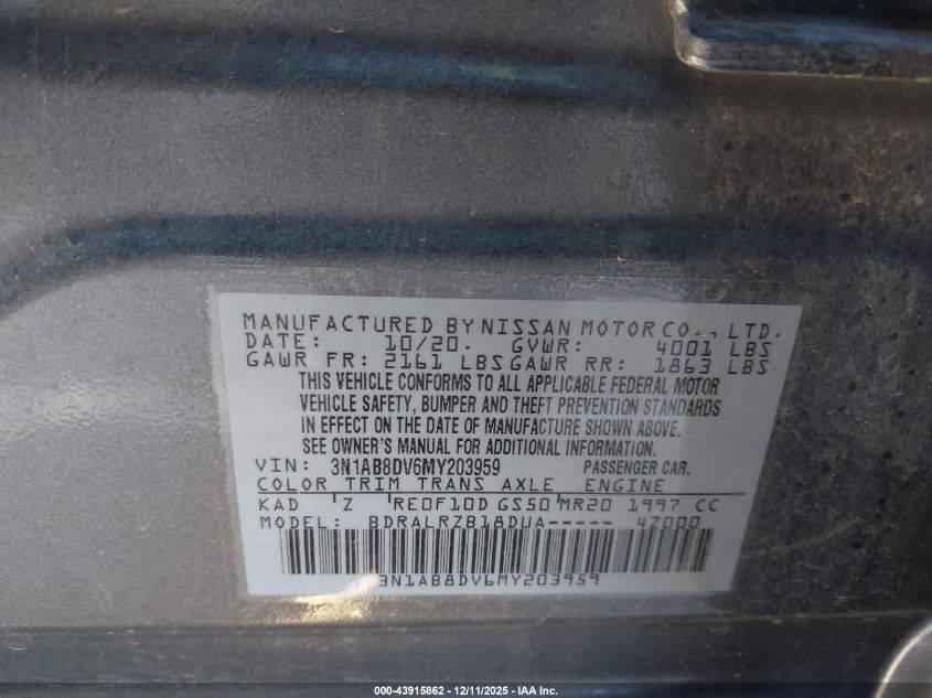 2021 Nissan Sentra Sr Xtronic Cvt VIN: 3N1AB8DV6MY203959 Lot: 43915862