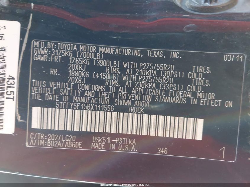 2011 Toyota Tundra Limited 5.7L V8 VIN: 5TFFY5F15BX111556 Lot: 43915866