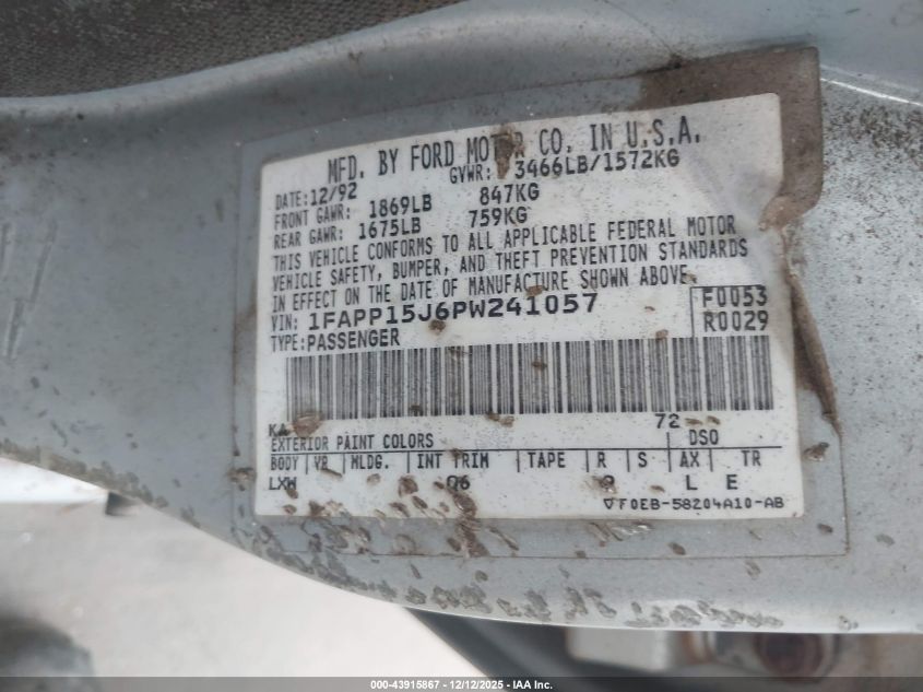 1993 Ford Escort Lx VIN: 1FAPP15J6PW241057 Lot: 43915867