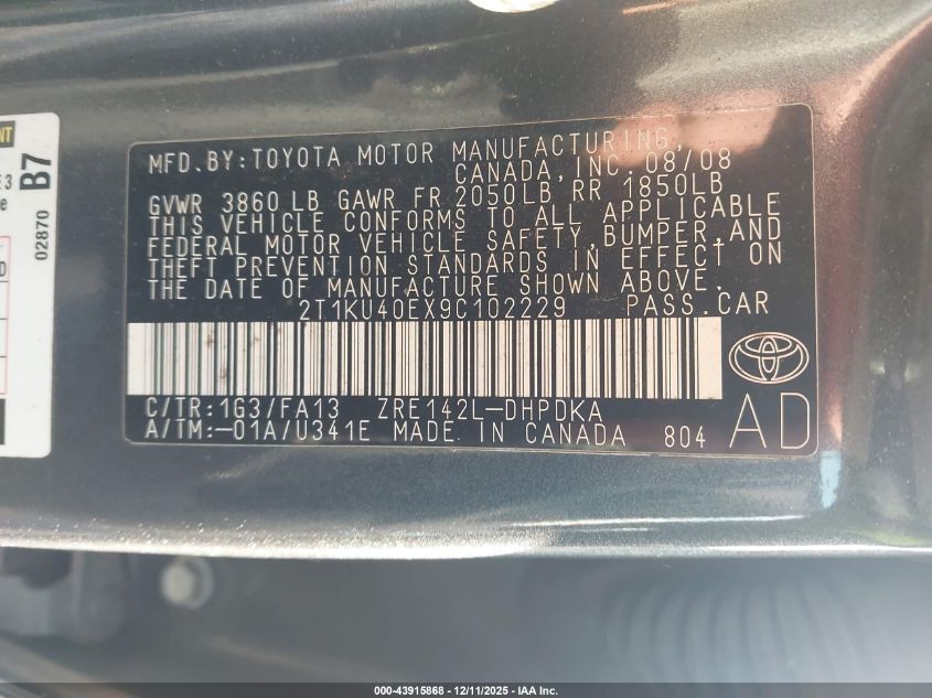 2009 Toyota Matrix VIN: 2T1KU40EX9C102229 Lot: 43915868