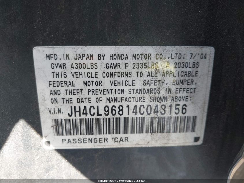 2004 Acura Tsx VIN: JH4CL96814C043156 Lot: 43915875